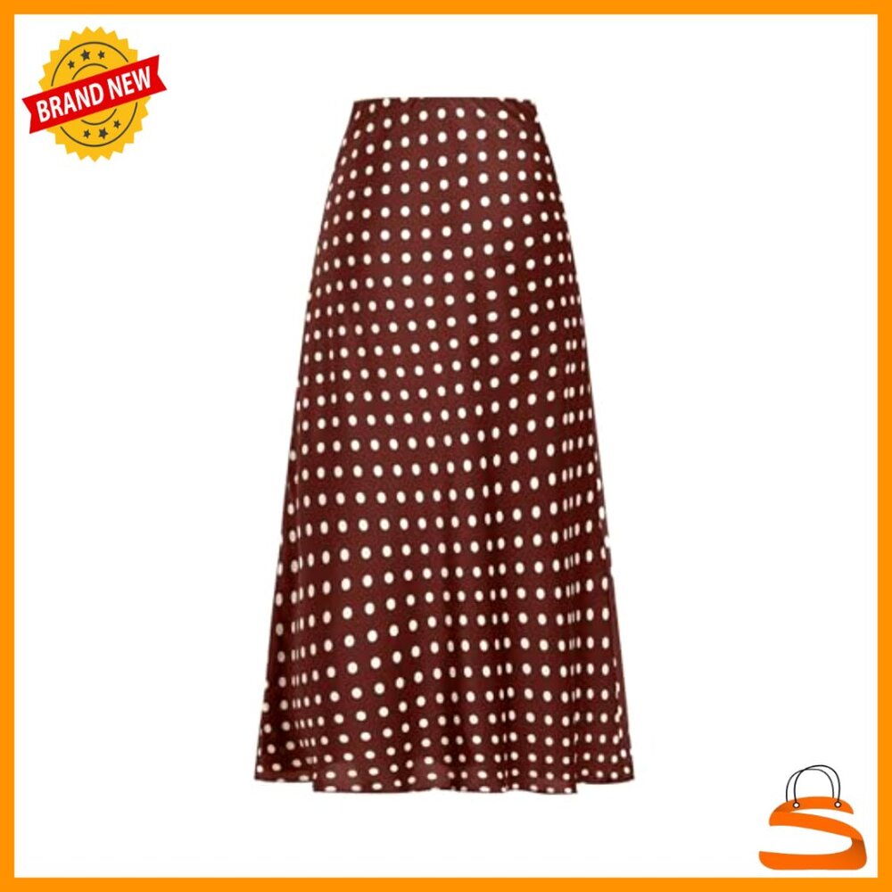 Satin Midi Skirt High Waisted Flowy Swing Vintage Polka Dot Silk Long - Picture 2 of 5
